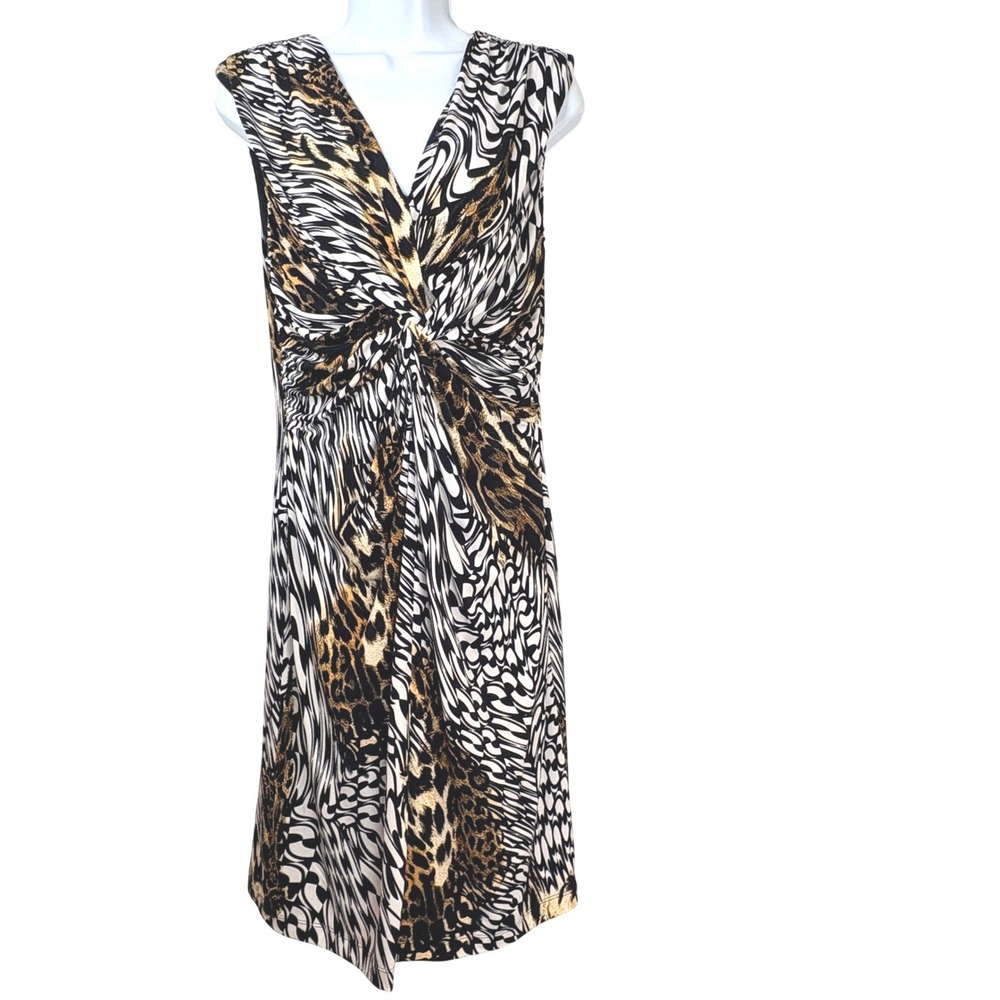 Chicos V-Neck Sz 1 US 8 Twist Front Sleeveless Sheath Dress Black‎ Tan Animal